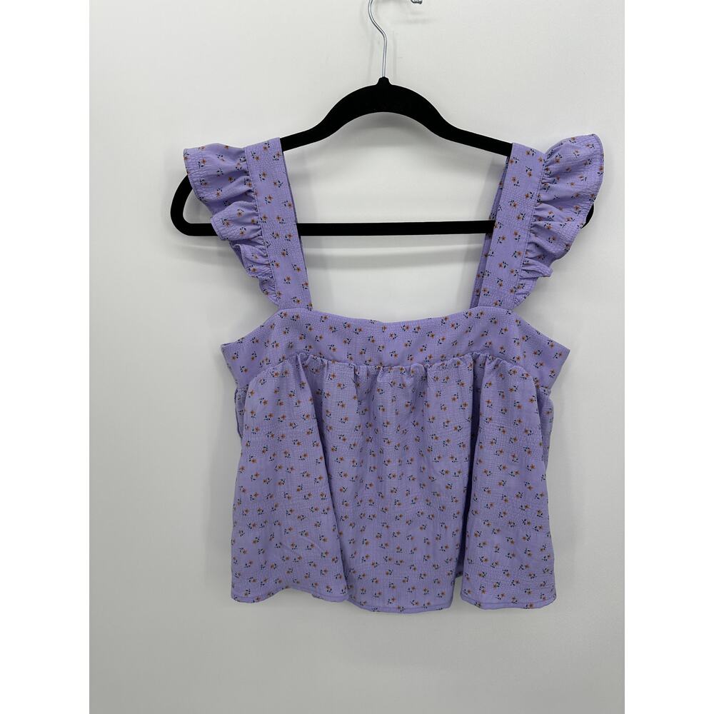 Newbury Kustom Tank Top Women Sz M Purple Floral Dainty Ruffle Boxy Boho Cottage